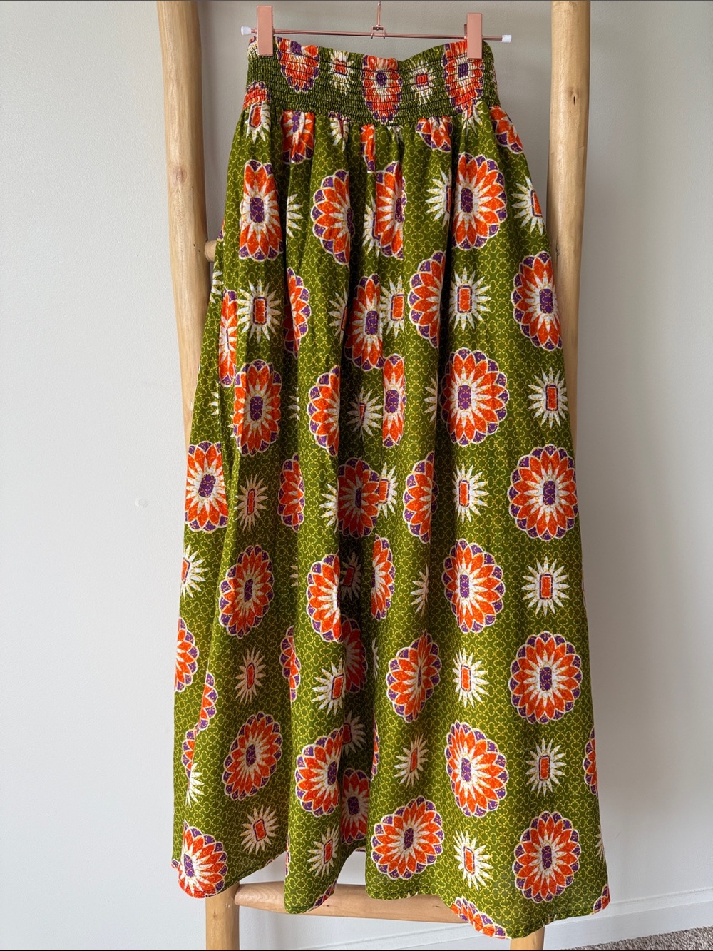 Jackpot Vintage Boho Print Green Orange Elasticized Waist Tie Belt Maxi Skirt OS - Picture 7 of 8